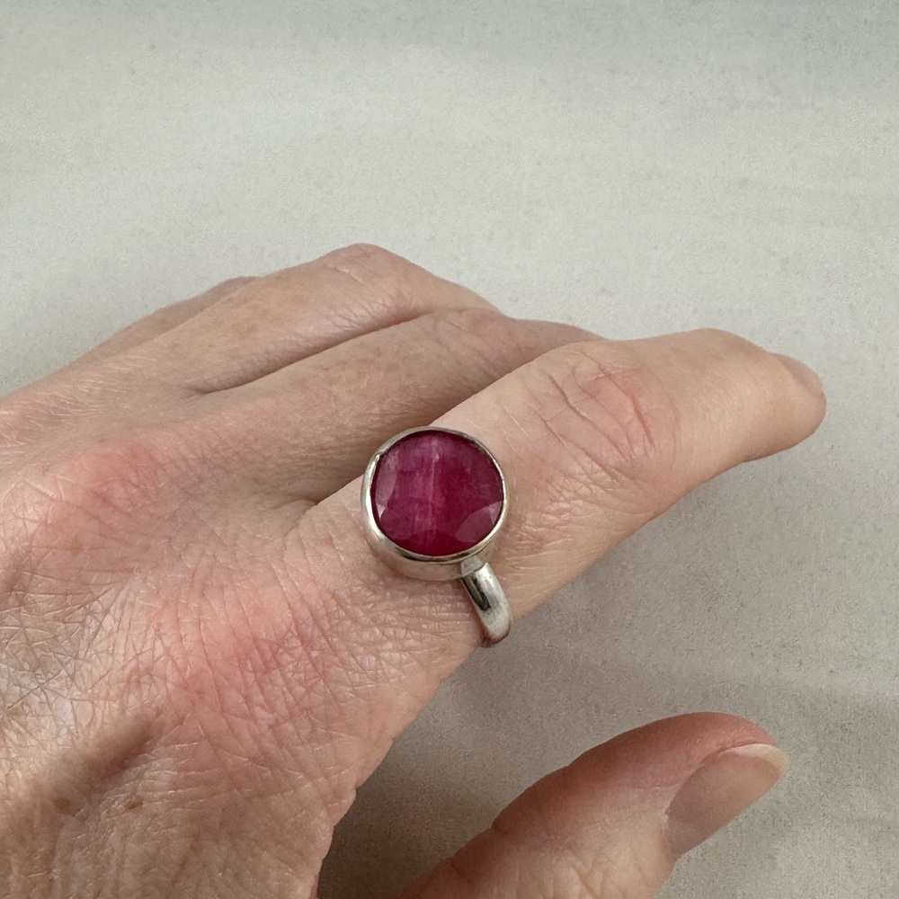 Raw pink ruby in sterling silver ring
